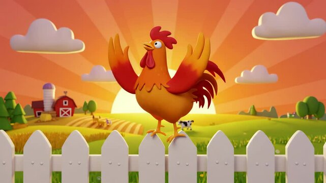 3D cartoon rooster crowing proudly, energetic and lively, flapping wings on a fence at sunrise over a farm with copy space