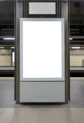 A poster mockup in a subway setting features a sleeping cat at the base of the sign. The blank white space of the poster contrasts with the urban