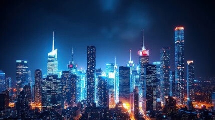 Fototapeta premium A dazzling city skyline at night, showcasing glowing skyscrapers and vibrant lights.