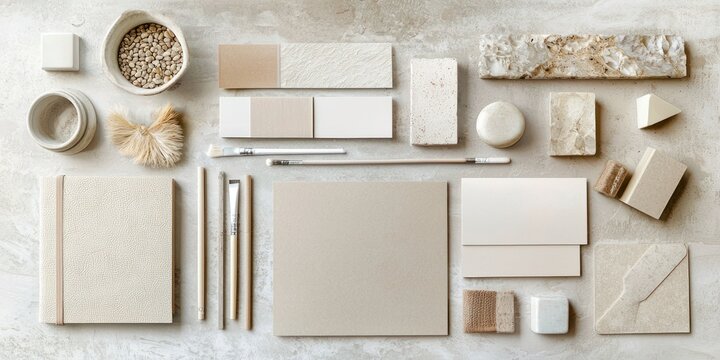 A business flat lay featuring warm neutral stationery, handcrafted paper, and a beige notebook