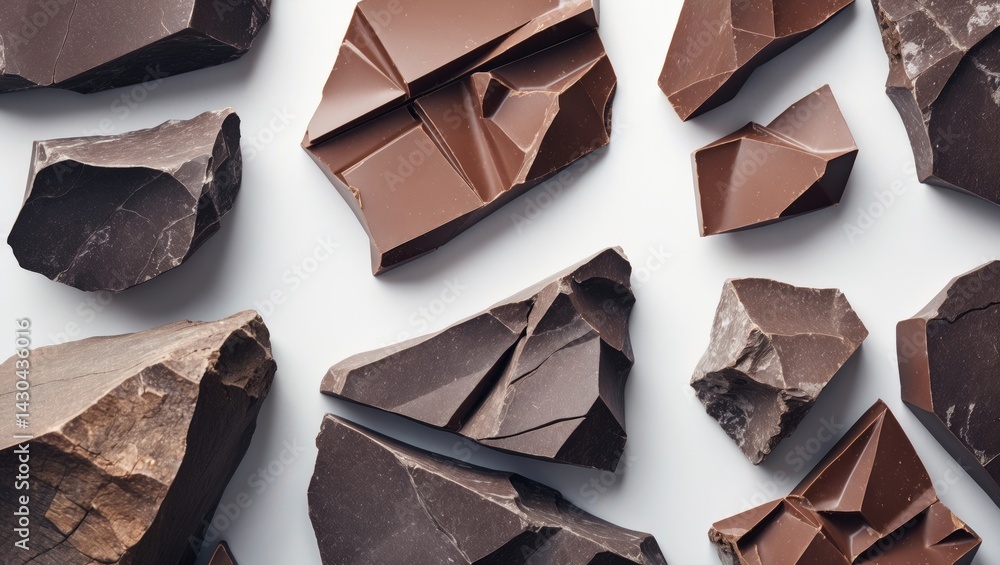 Poster broken chocolate chips and chunks viewed from above on an isolated background