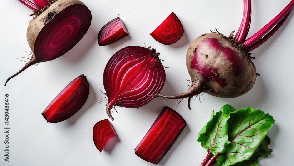 Poster beetroot slice and half isolated on white background with full depth of field top view flat lay