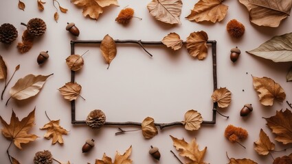 Obraz premium Flat lay composition featuring dried flowers and leaves on a pastel background with a frame, ideal for Thanksgiving and autumn themes.