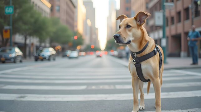 A tan Carolina Dog with a black collar stands confidently in the middle of a pedestrian crosswalk