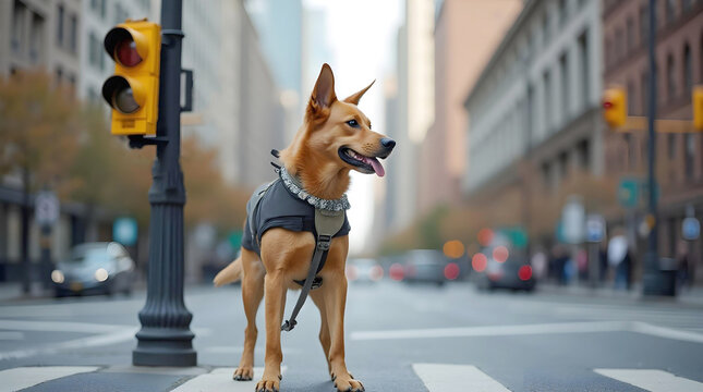A tan Carolina Dog with a black collar stands confidently in the middle of a pedestrian crosswalk