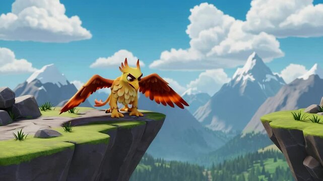 3D cartoon speaking griffin with proud mood taking flight over mountain peaks with wide sky background