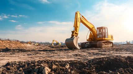 Excavator and construction equipment working on large excavation site under clear sky