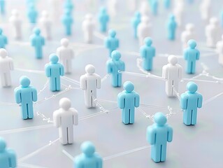 Interconnected Figures Representing Network, Teamwork, and Global Connections on Blue Background, Illustrating Collaboration and Communication.