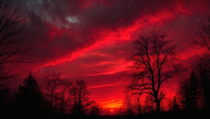 Obraz premium Deep red sunset illuminates the cloudy sky with warmth, highlighting the silhouette of leafless forest trees.