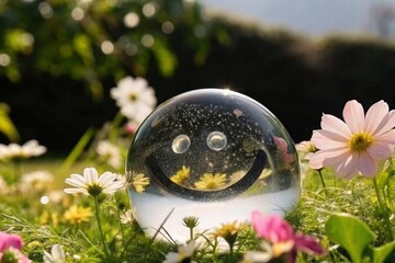 Glass sphere with black smiley face and feathery yellow-green pattern in daisy field