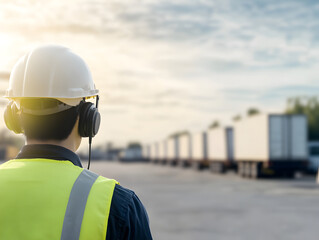 Delivery worker in reflective vest and helmet using headset at truck parking lot