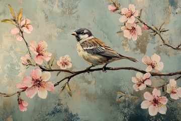 Sparrow perched on blooming branch amidst delicate spring flowers, sparrow sitting on a flowering branch