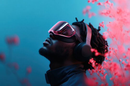 Software developer wearing virtual reality headset and exploring metaverse