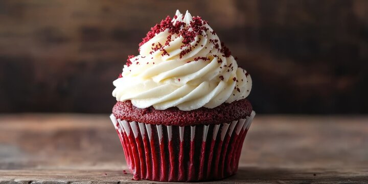 A classic red velvet cupcake with a swirl of creamy white frosting, topped with red velvet crumbs - Powered by Adobe