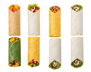 Collection of gourmet wraps on dark backdrop, isolated PNG mockup template with transparent background for use in digital artwork designs