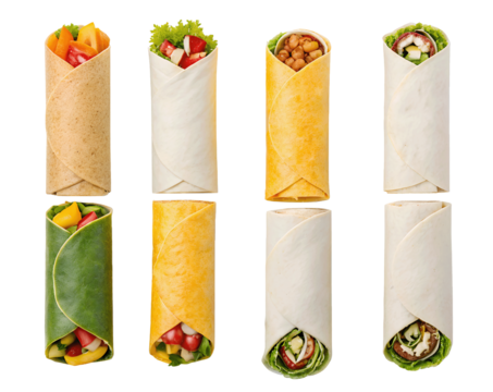 Collection of gourmet wraps on dark backdrop, isolated PNG mockup template with transparent background for use in digital artwork designs