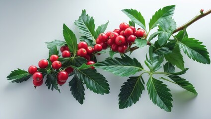 Cornus Fruit and Leaf Close-Up: Medicinal Cornelian Berry on White Background