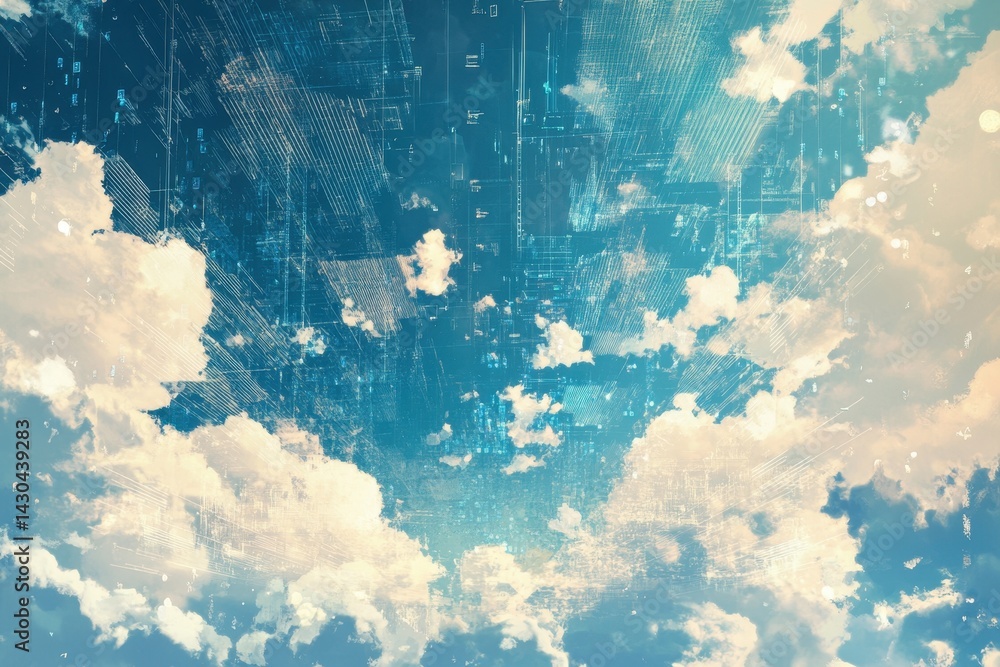 Poster data processing over a clear sky filled with fluffy clouds during daylight hours, data processing ov