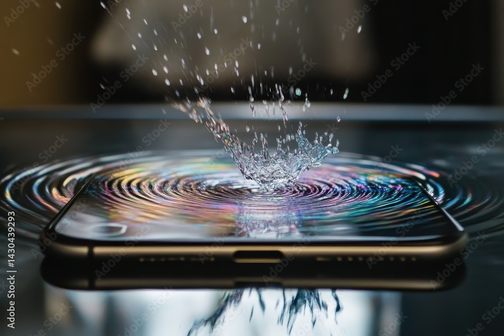 Aufkleber smartphone drops onto a futuristic surface, creating ripples and splashes in water, the phone falls 