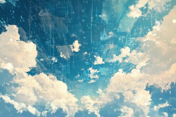 Data processing over a clear sky filled with fluffy clouds during daylight hours, data processing over sky with clouds