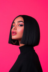 Fashion model posing with blue eyeliner and pink background