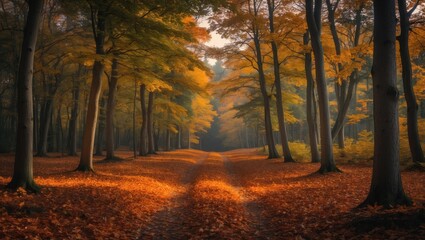Fototapeta premium Autumn in beech tree landscape with vibrant leaves