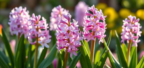 Fototapeta premium Pastel hyacinths bloom in soft spring light, ample copy space, illustration, purple