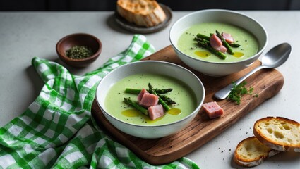 Fototapeta premium Green asparagus and potato creamy soup with olive oil served with toasted bread