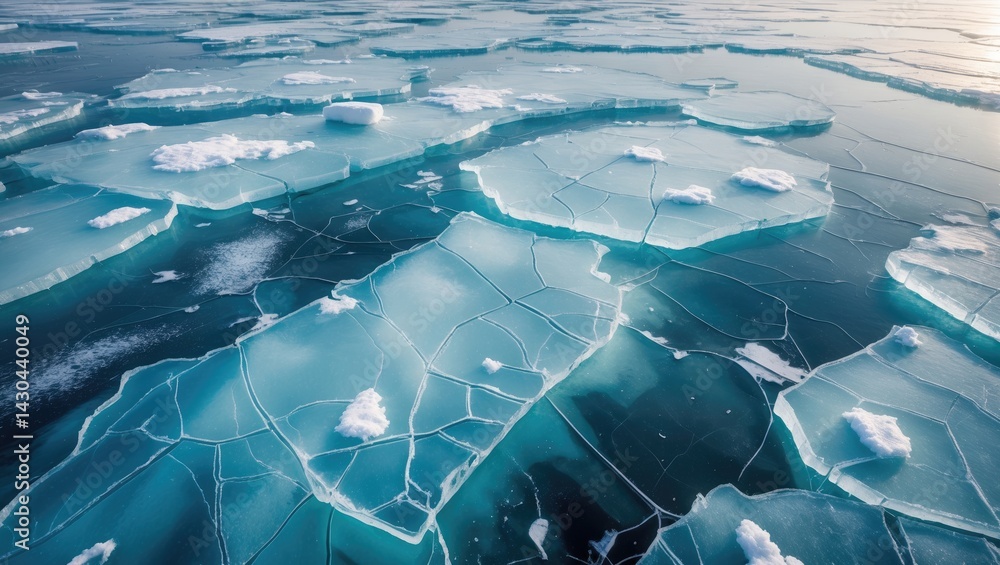 Poster frozen lake surface with cracks and ice texture in winter, abstract blue background with transparenc