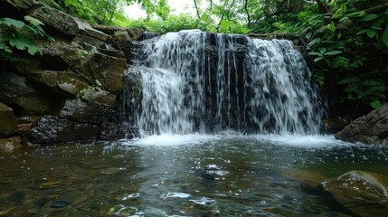 The waterfall is very beautiful from a distance, the water is clear, there are birds flying over it