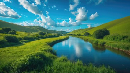 Stunning summer scenery with blue sky and lush green grass