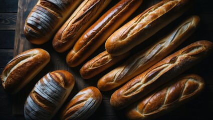 Assorted baked bread varieties displayed on a dark wooden table from a top-down perspective