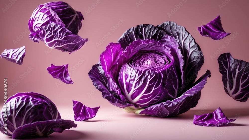 Poster creative layout featuring colorful red cabbage leaves on background with a flat lay food concept, em