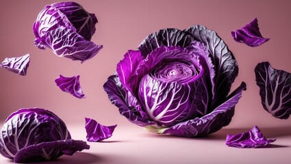 Obraz premium Creative layout featuring colorful red cabbage leaves on background with a flat lay food concept, emphasizing macro photography.