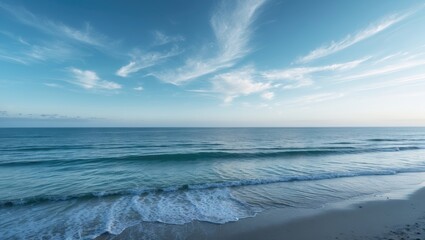 Fototapeta premium Stunning beach scene with blue sky, clouds, and sun over the ocean