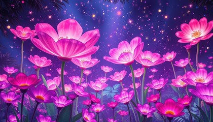 Pastel watercolor garden, giant bioluminescent flowers, floating paint particles, dreamy atmosphere, vibrant colors, bioluminescent