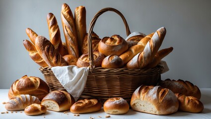 Wicker basket filled with various bakery items like bread loaves and rolls
