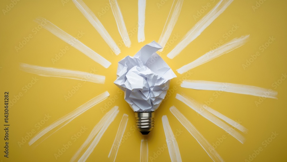 Poster creative innovation: brainstorming and solution strategies with a light bulb on a yellow background