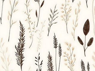 Seamless floral pattern with hand drawn botanical illustrations in neutral tones