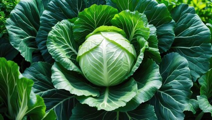 Obraz premium White cabbage cultivation: top view with green cabbage leaves background