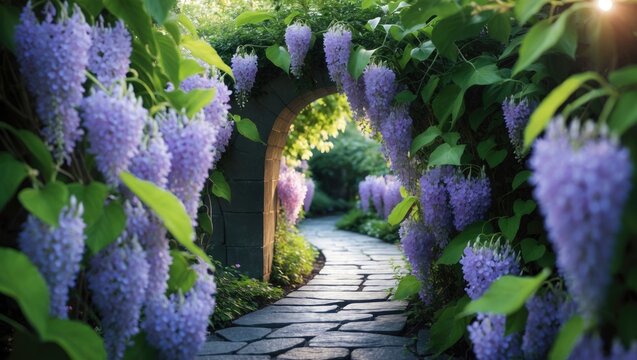Wisteria flower tunnel in park with natural blue blossoms and lush greenery
