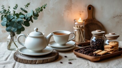 Elegant tea ceremony setup in a modern kitchen with glass jars, teapot, and cups