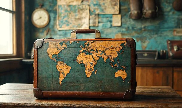 Vintage suitcase with world map design resting on a wooden table in a rustic travel-themed room
