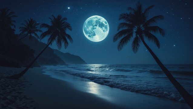Enchanting tropical beach scene under moonlight with silhouette palm trees and starry night sky
