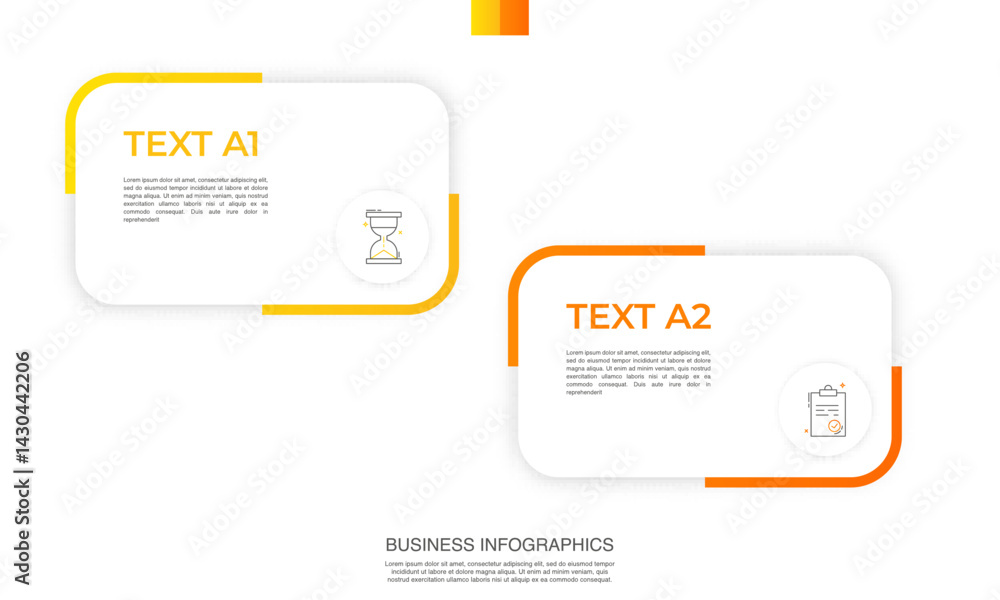 Poster Modern vector infographic template with rectangles, elements in minimalist design. Use for presentations, business processes, interface, data visualization, marketing strategies with 2 steps