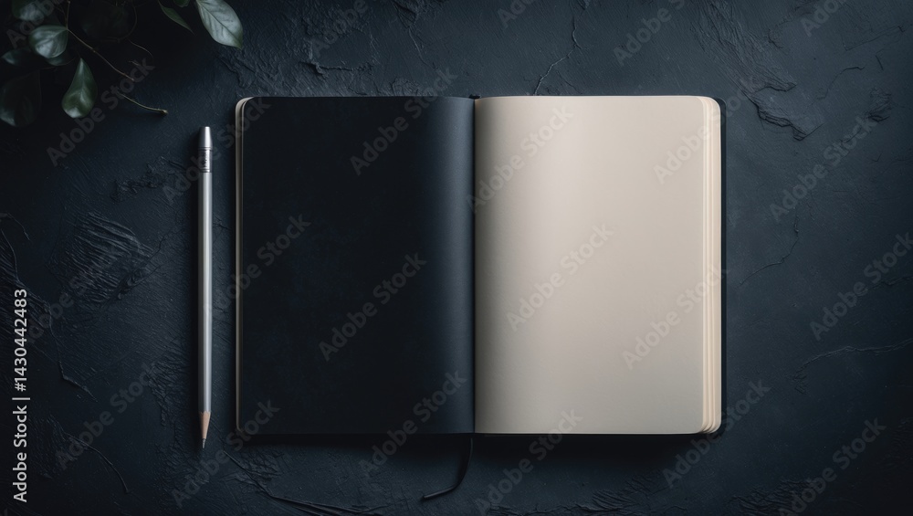 Poster open black sketchbook with pencil on table showcasing responsive design template from a top view