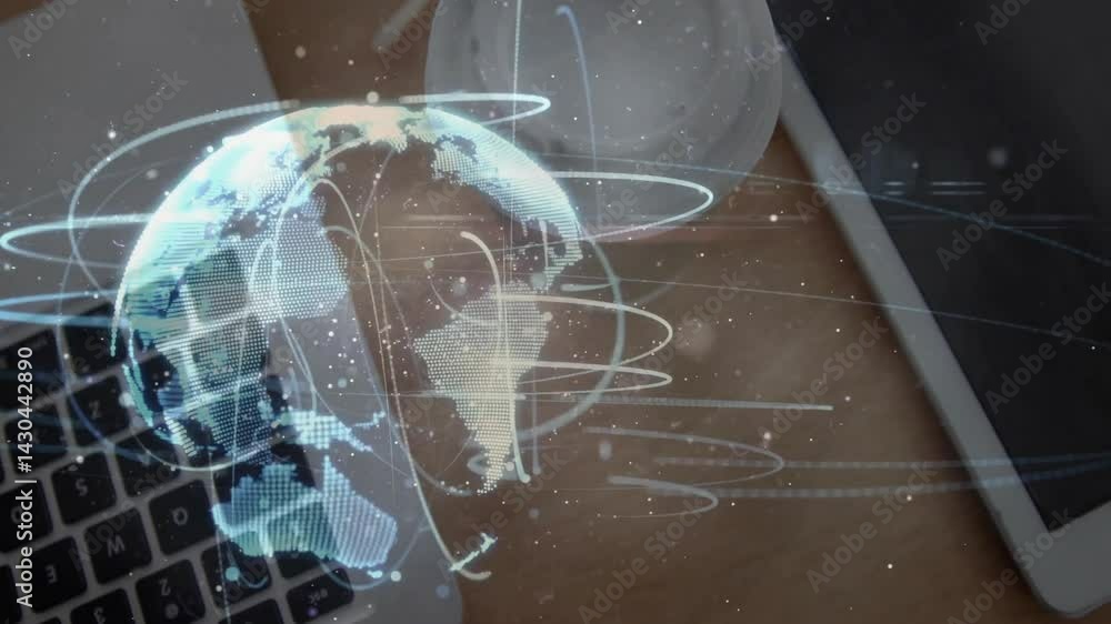 Poster holographic globe floating above desk, showing swirling data lines over laptop, tablet in 3d render