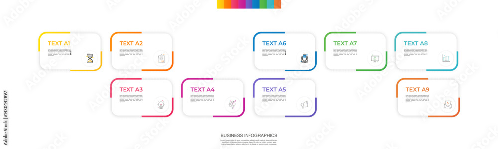 Poster Modern vector infographic template with rectangles, elements in minimalist design. Use for presentations, business processes, interface, data visualization, marketing strategies with 9 steps.