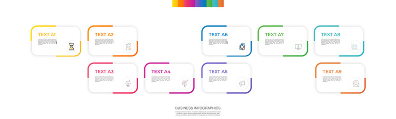 Modern vector infographic template with rectangles, elements in minimalist design. Use for presentations, business processes, interface, data visualization, marketing strategies with 9 steps.