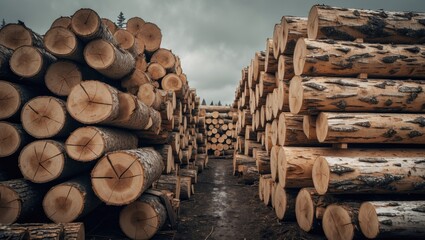 Tall birch log stacks in timber industry storage for export and plywood production, highlighting deforestation issues
